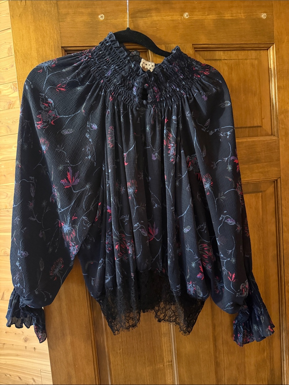 Tanya Taylor Navy Floral Smocked-Neck Lace-Hem Blouse